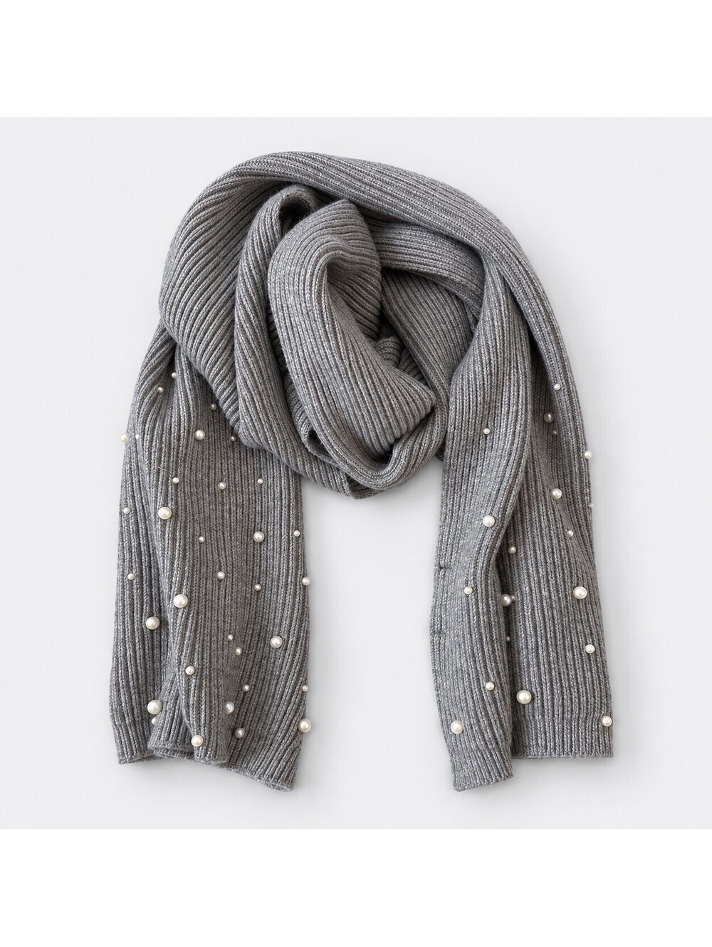 Zara Gray Pearl Embellished Ribbed Knit Scarf Long Wrap Coquette Winter 87”